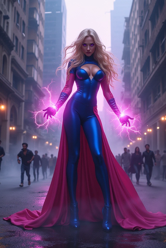 A blonde-haired, violet-eyed supervillain dressed in a sleek skintight pink and blue costume, complete with a flowing pink and blue skirt, exuding an air of malevolent power as she directs a beam of psychic energy, evoking fear and panic among the surrounding terrified civilians