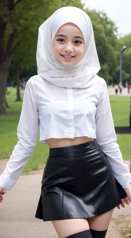 12 year old turkish girl wearing hijab, white shirt, black tight mini skirt, white beautiful kneesocks in the park a sweet smile, big legs, short girl, fat legs