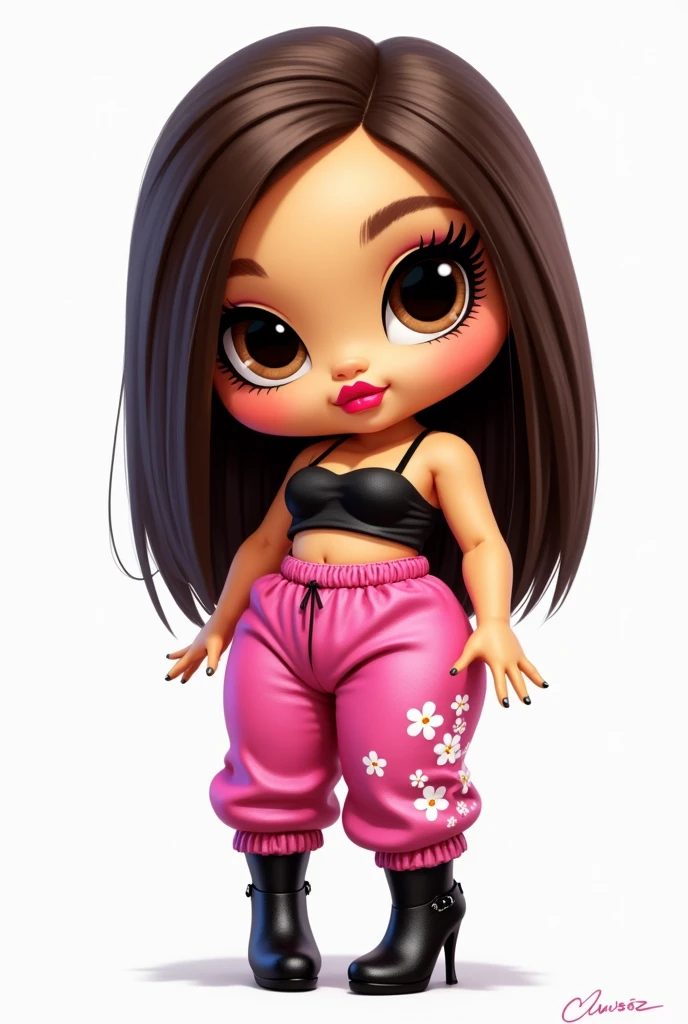 Could you make me a 2D digital drawing in colored pencil sketch style?, a chubby bratz doll, high, sexy, They have big heads and beautiful elongated brown bratz eyes, very thick and exaggeratedly large and sexy lips, yellow white skin straight hair, without nose, split in half and dark brown in color, loose hair, with clear lenses and black frame, Pink pants with white flowers and a black top with thin black straps and high-heeled boots, Posing very bratz style. WITH WHITE BACKGROUND. Clear and black lenses.