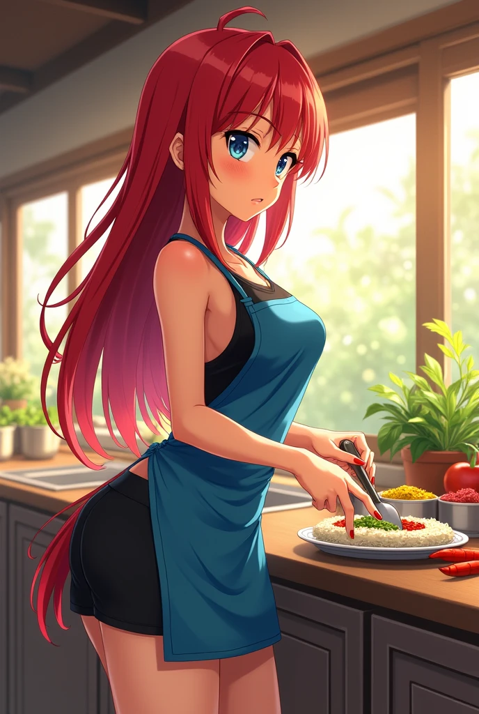 Rindou Kobayashi In Search of the Divine Recipe 4k photo in a blue apron with red long nails, long red hair and black shorts in anime style