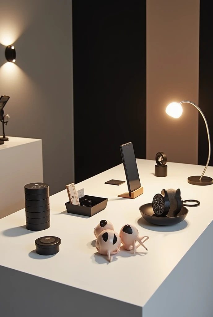 Create me an image for my website, which is characterized by selling trendy and novel products, how watches, earphones, cell phone holder, Lamps, pet accessories. This has to contain the colors white, black and beige.