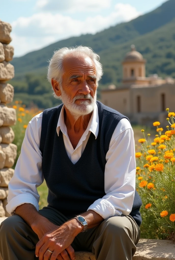 Older man with olive skin and blue eyes, from Greece