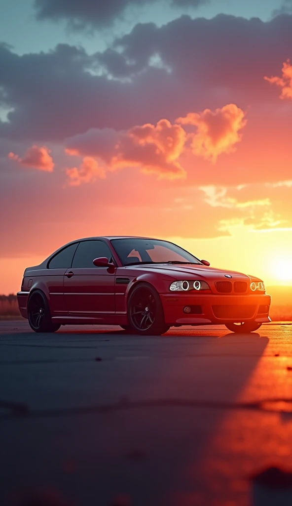 Wallpaper of a bmw m3 e46 in front of a sunset taked by the rear. the sun is in the right of the view. in landscape format
