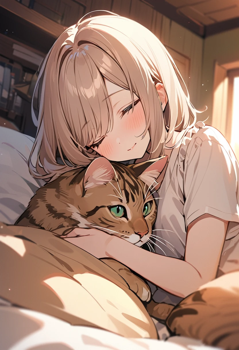 Highest quality、High resolution、Detailed Background、Beautiful face in every detail:、age beauty、Normal number of fingers、Highly detailed face、Detailed eyes、Perfect body line、Light color hair、Braided bob cut、ponytail、cute仕草、A girl with a gentle gaze、
A brown tabby cat was sleeping peacefully in front of a girl standing in a quiet park.、The girl looks at the cat with a gentle gaze、Slowly approaching, snuggling up、The cat noticed the girl's gentle gesture、He slowly opened his eyes and looked back at the girl.、The girl gently stroked the cat's head, and the cat closed its eyes as if in comfort.、It's enough just to feel each other's presence in silence.、The girl looked at the cat's gentle expression.、She suddenly smiled.、The love for small lives、It was a moment when I felt the preciousness of life.、cute