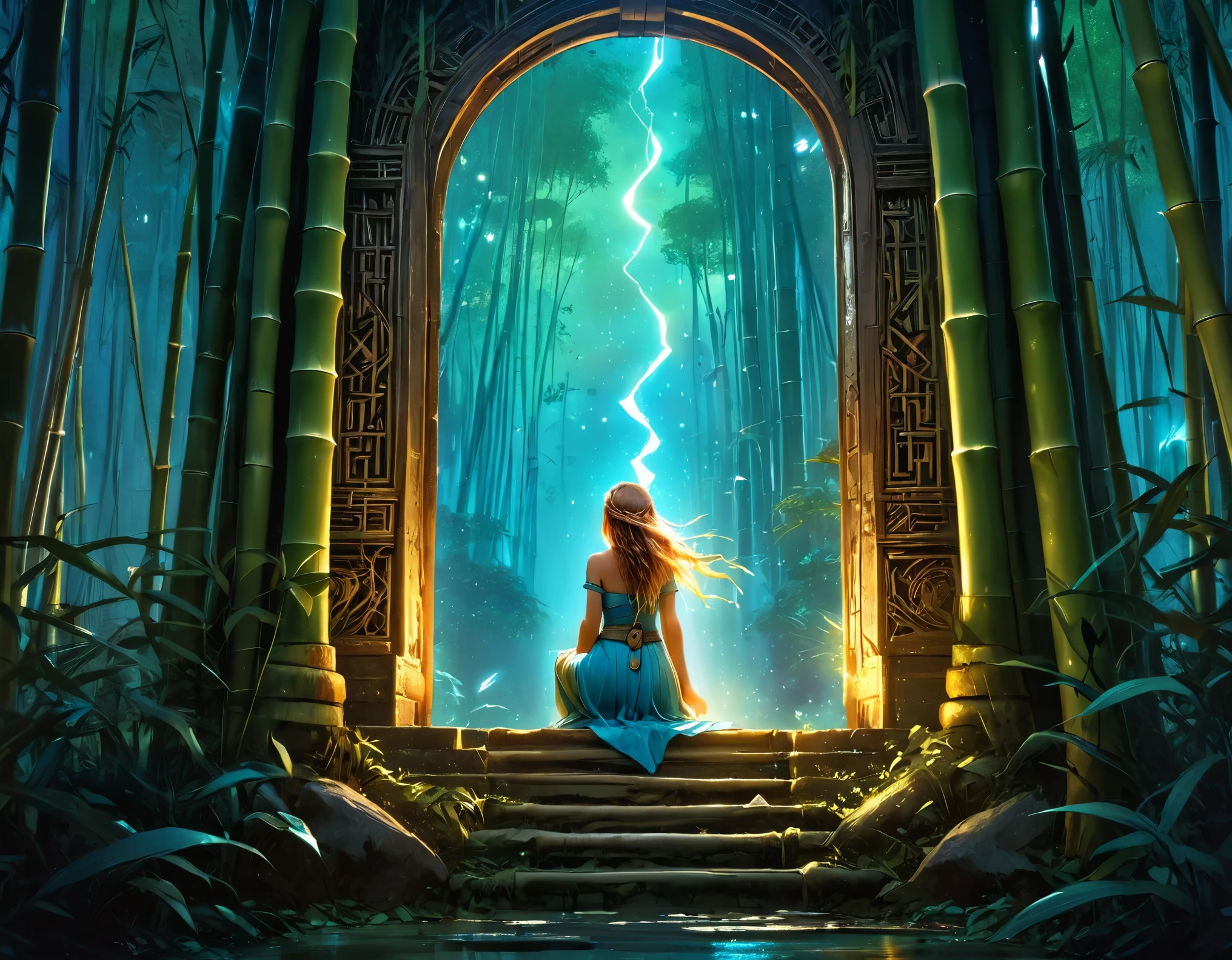 high details, best quality, 16k, [best detailed], masterpiece, best quality, (extremely detailed), a view from the rear (best details, Masterpiece, best quality), photorealistic, fantasy art, RPG art, a picture of a human sorceress sittings in bamboo forest, opening a large (magical doorway: 1.2), with magical runes on it, looking into the (heavens: 1.3), epic beautiful human woman (best details, Masterpiece, best quality), ultra detailed face (best details, Masterpiece, best quality), dynamic hair color, dynamic hair style, dynamic eyes color, dynamic dress (best details, Masterpiece, best quality), bamboo, the magical doorway opens into the heavens and you can see angels flying, glowing arcane sigils GlowingRunes_paleblue, fantasy bamboo forest at night, moon light, moon rays, stars, Ultra-high resolution, High Contrast, (masterpiece:1.5), highest quality, Best aesthetics), 16K fantasy art, best details, best quality, highres, (ultra wide angle: 1.2), 16k, [ultra detailed], masterpiece, best quality, (extremely detailed), Cinematic Hollywood Film