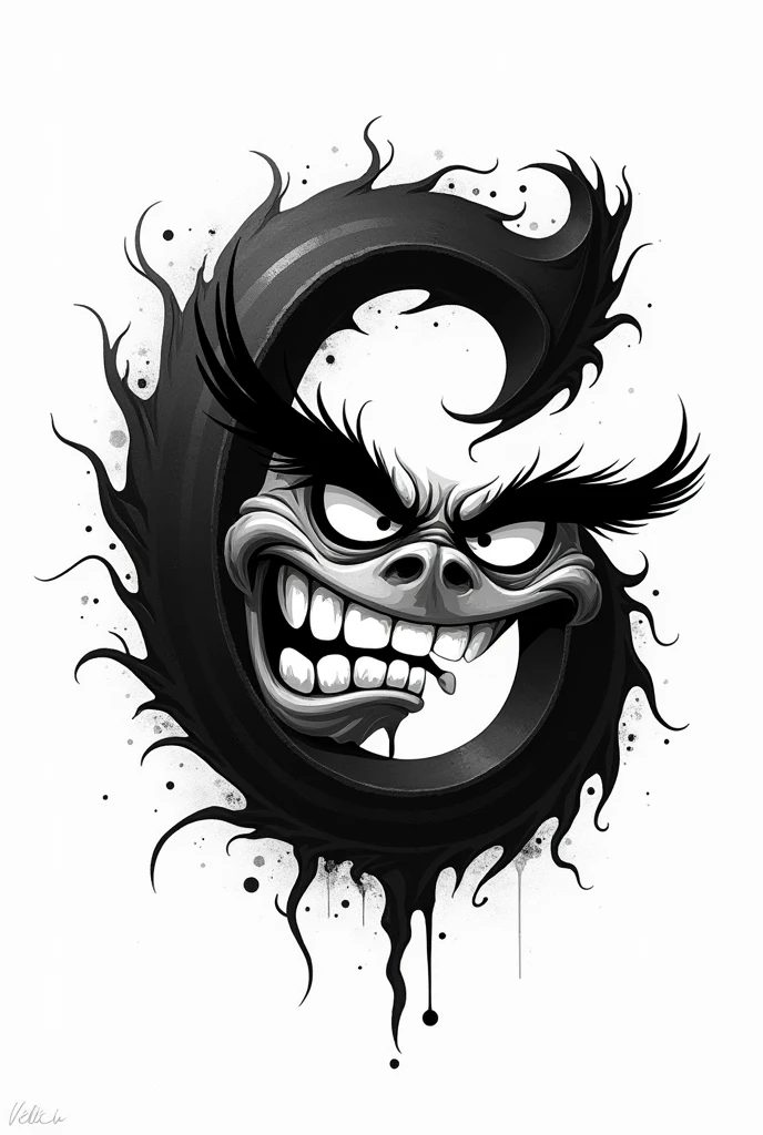 A very angry letter G with eyebrows looking to the right in angry black calligraphy style and white background 

