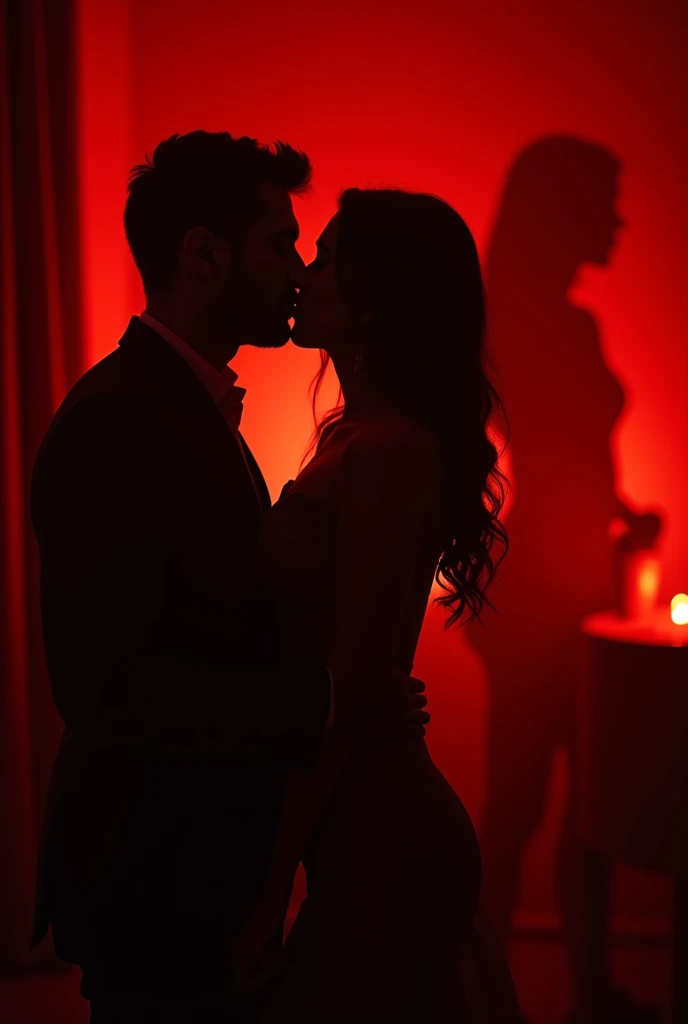 Shadows of young people, a man and a woman kissing and a third shadow of a woman in the red room as a background (only one)
