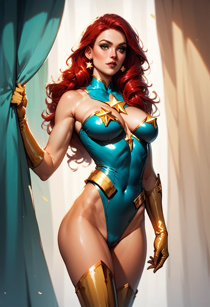 score_9, score_8_up, score_7_up, score_6_up, score_5_up, score_4_up, Sexy, Superheroine, Red hair, long hair, busty, ((blue highleg leotard with a t-back thong and a gold star insignia on chest)), gold boots, gold gloves, flirty