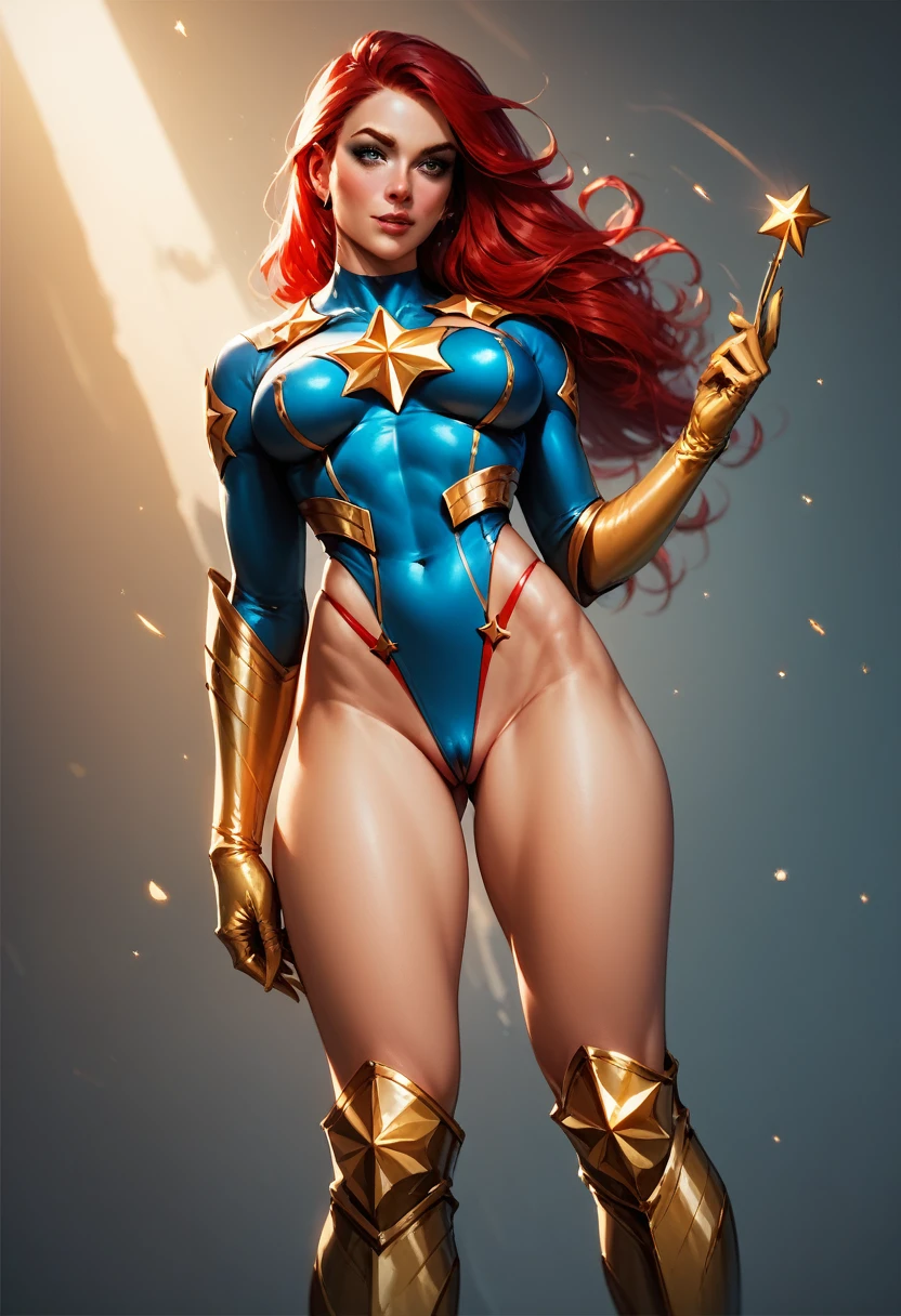 score_9, score_8_up, score_7_up, score_6_up, score_5_up, score_4_up, Sexy, Superheroine, Red hair, long hair, busty, ((blue highleg leotard with a t-back thong and a gold star insignia on chest)), gold boots, gold gloves, flirty