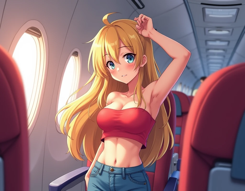 cute anime girl wearing a red tube top and jeans, long blonde hair, neutral face, sitting in an airplane, exposed midriff, one hand reaching hair, exposed armpit.