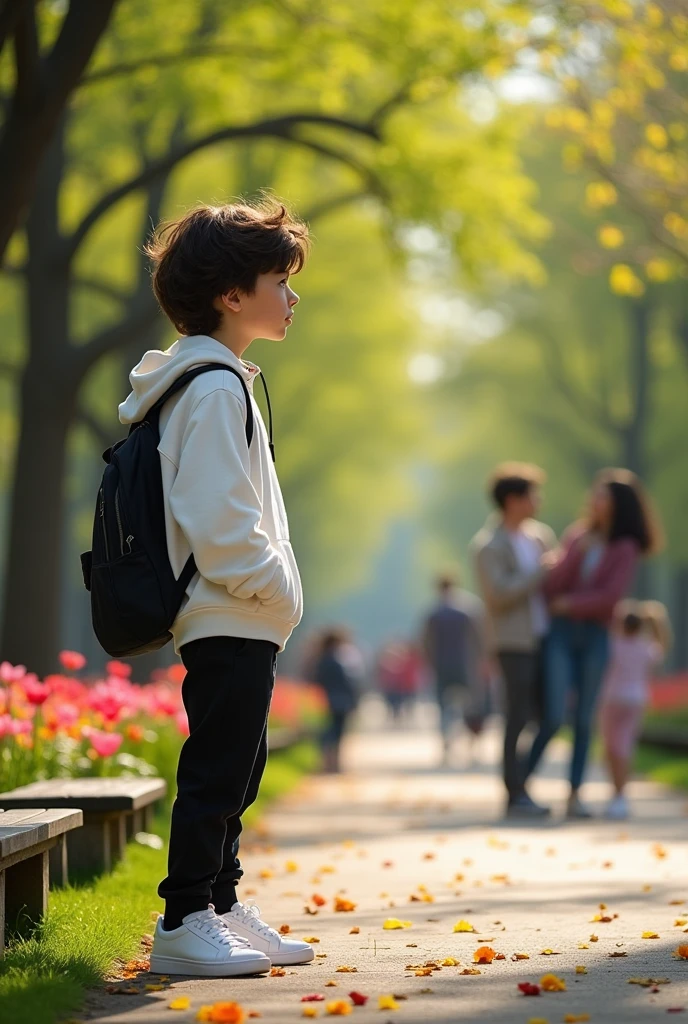 A 23-year-old boy with very white skin, and dark brown wavy hair dressed in a white sweatshirt and black pants, White deppttive shoes and a black backpack is found looking at a couple