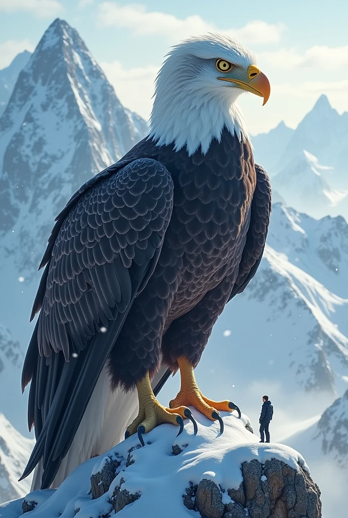 The image shows a gigantic and majestic eagle on a high, snow-covered mountain peak. The eagle has thick, dark feathers, with white details around the head and wings, giving it an imposing and noble appearance. His eyes are sharp and yellow, radiating an aura of vigilance and power. The long, sharp claws are embedded in an ice-covered rock, while their wings are partially open, as if about to take flight.The surrounding scenery is a snow-capped mountain range, with peaks that are lost in the clouds. There is a human figure near the base of the mountain, highlighting the impressive height of the site and the power of the eagle. The atmosphere is cold and silent, with the icy wind blowing through the mountains, lifting the fine snow. Sunlight reflects off the snow and eagle feathers, creating a dramatic contrast between the majesty of the bird and the icy vastness of the mountains.