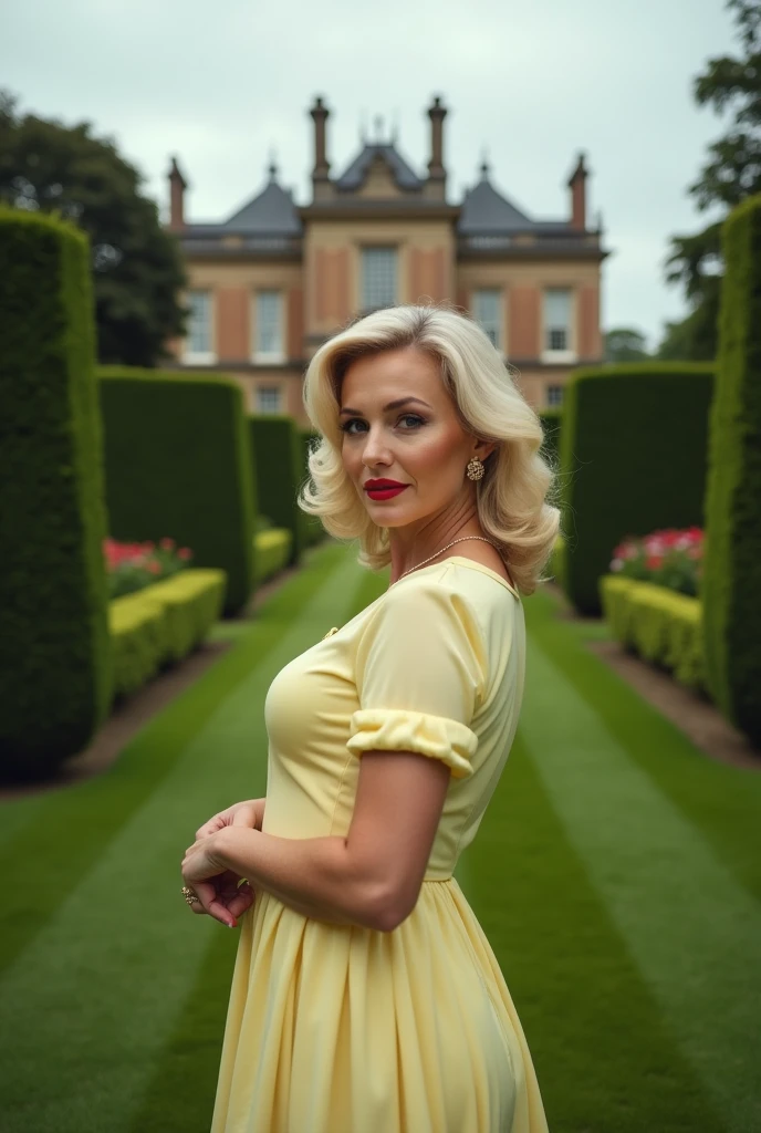 eye level shot, photo, 100mm lens, no distortion, An elegant and sexy mature blonde woman age 44,looking into camera, body positive, busty, red lips, wearing a stylish 1950s-style light yellow dress, exuding sophistication and confidence in a poised and aloof manner. She stands gracefully on the manicured grounds of an imposing manor house, which looms majestically in the background. The scene is set under an overcast sky, creating a dramatic and atmospheric ambiance that accentuates her superior demeanor. The mansion features ornate architecture with detailed details, surrounded by lush green gardens and well-kept hedges, adding richness to the composition. canon 50, cinematic