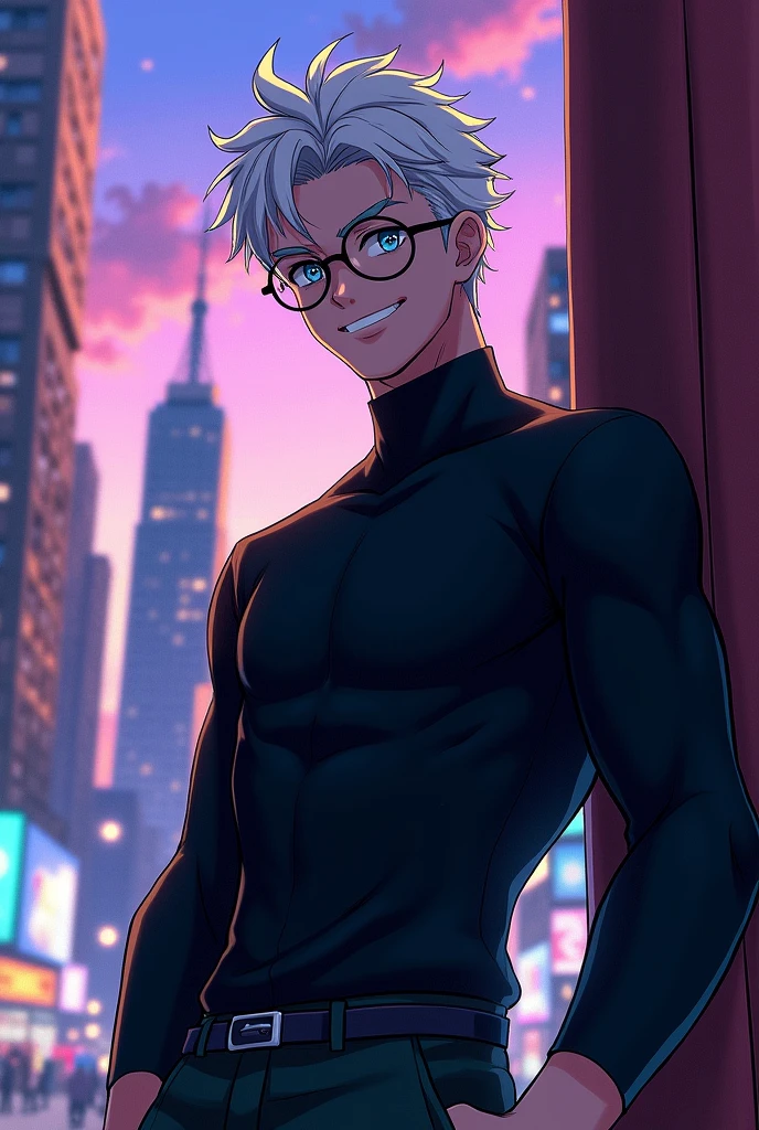 a tall man with white hair, skin fair, round black lens glasses, shining blue eyes, black turtleneck clothing, confident grin, anime styling.