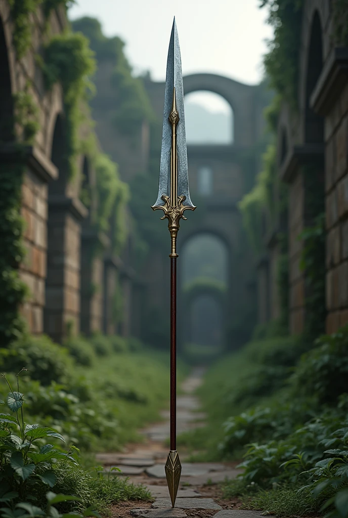 Silver-colored spear with a deep brown handle with golden notches and a long, wide, shiny gray edge.
