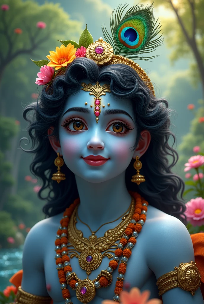 Turn this photo into lord krishna look with peacock feather on head with forehead band with gold Clear and realistic picture