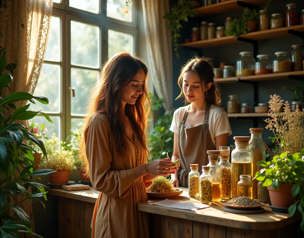 Generates an image where a woman buys medicines in a herbalist