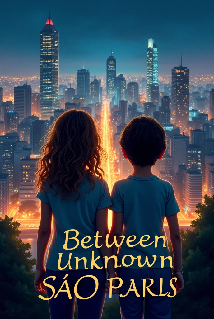 Create a book cover with the background of the book being the city of São Paulo at night with buildings and at the bottom of the book two girls, one of them being white with curly light brown hair and the other being brunette with light skin., short dark brown hair the title of the book is "Between unknown looks" the aspects of the book cover need to be very REALISTIC