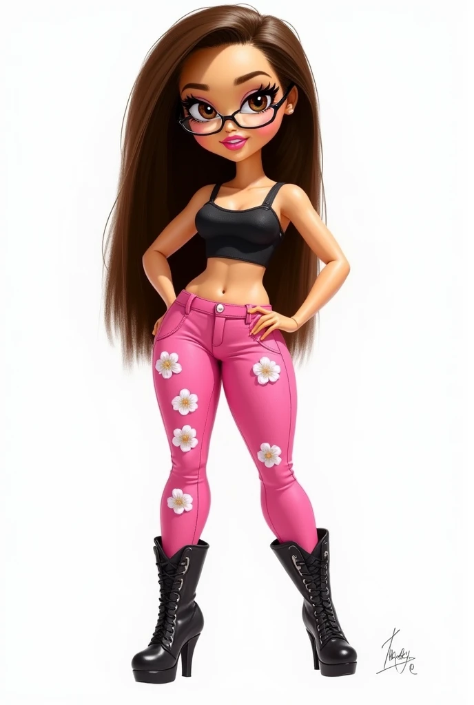 Could you make me a 2D digital sketch style drawing with marked colored pencil strokes?, una muñeca bratz gordita high , high, sexy, They have big heads and beautiful elongated brown bratz eyes, very thick and exaggeratedly large and sexy lips, yellow white skin straight hair, without nose, split in half and dark brown in color, loose hair, with clear lenses and black frame, Pink pants with white flowers and a black top with thin black straps and high-heeled boots, Posing very bratz style. WITH WHITE BACKGROUND. Clear and black lenses.