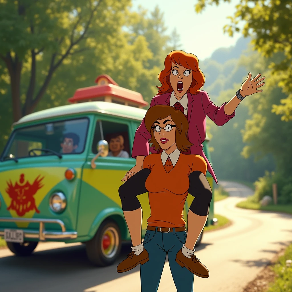 Realistic, highly detailed. Daphne lifting Fred high over her head. Velma lifting Shaggy high over her head. Mystery Machine is in the background.