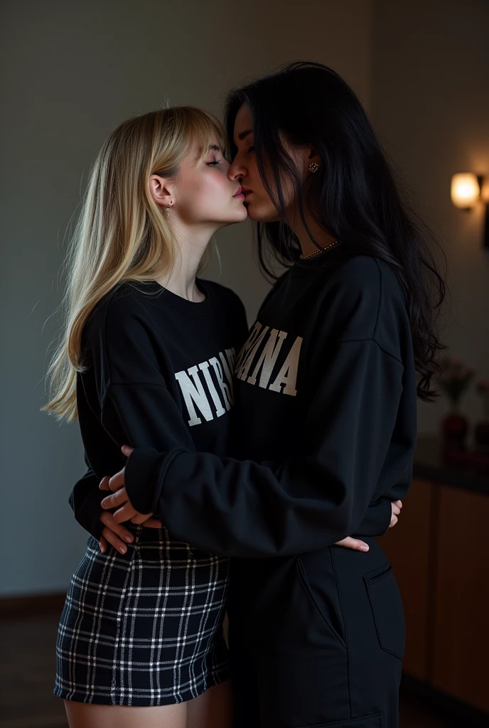 blonde girl, blue eyes, black glued top, with white letters saying "Nirvana", with a black checkered skirt with white lines, free hair, while being carried by a white-skinned girl with black hair and red eyes, which is dressed in a black sweatshirt that says "Nirvana" with white letters and black cargo pants, free hair lizo, both 23 years old, with a background of a room with the lights off, with the moonlight and kissing softly