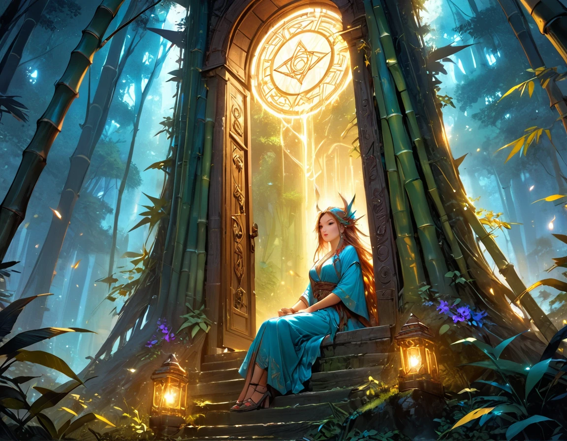 high details, best quality, 16k, [best detailed], masterpiece, best quality, (extremely detailed), photorealistic, fantasy art, RPG art, a picture of a human sorceress sittings in bamboo forest, opening a large (magical doorway: 1.2), with magical runes on it, looking into the (heavens: 1.3), epic beautiful human woman (best details, Masterpiece, best quality), ultra detailed face (best details, Masterpiece, best quality), dynamic hair color, dynamic hair style, dynamic eyes color, dynamic dress (best details, Masterpiece, best quality), bamboo, the magical doorway opens into the heavens and you can see angels flying, glowing arcane sigils GlowingRunes_paleblue, fantasy bamboo forest at night, moon light, moon rays, stars, Ultra-high resolution, High Contrast, (masterpiece:1.5), highest quality, Best aesthetics), 16K fantasy art, best details, best quality, highres, (ultra wide angle: 1.2), 16k, [ultra detailed], masterpiece, best quality, (extremely detailed), Cinematic Hollywood Film