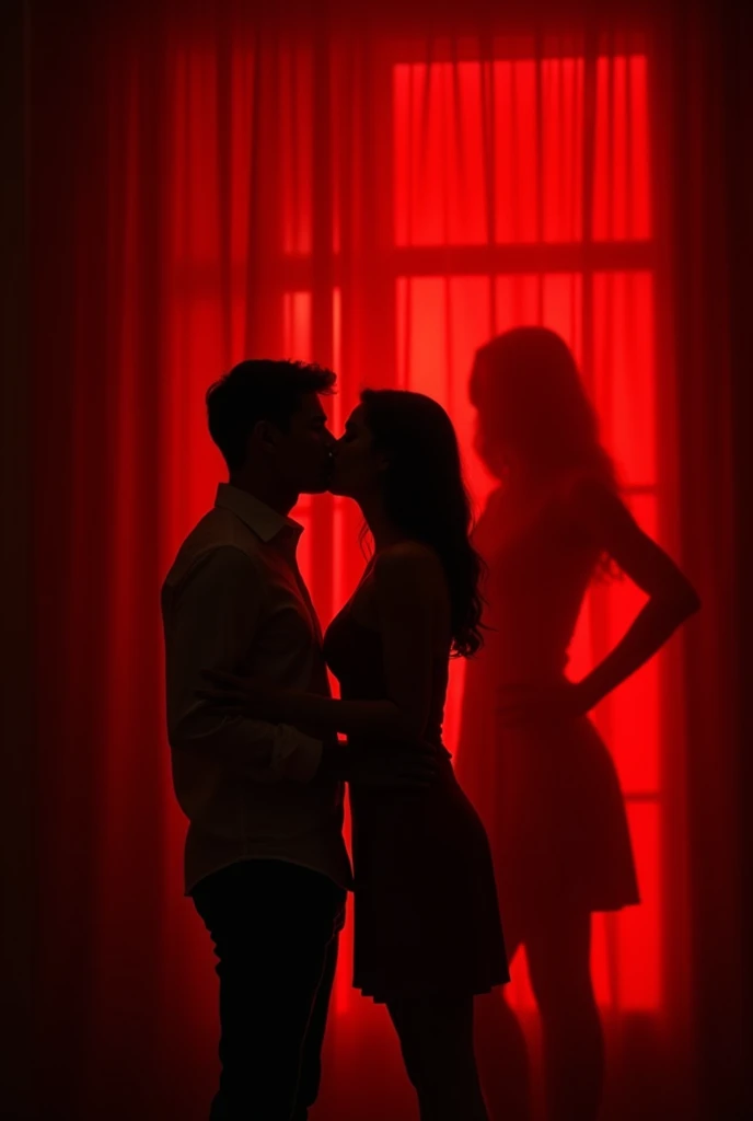 Shadows of young people, a man and a woman kissing and a third shadow of a woman in the red room as a background (only one)