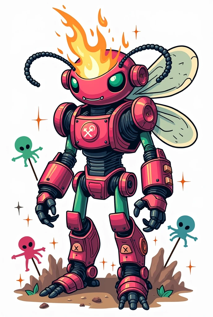 (full shot)(full body animal) Illustration style of colorful Cute little piratemech horror cyborg full in frame, cute horror scarecrowe space alien vector t-shirt design insect t-shirt horror cyberpunk modern design, all in frame, that has a white pink green fire inside,horror DC COMIC style, all in frame, plain flat white background

