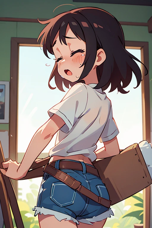 1girl, crying, close eyes, white shirt, belt, denim shorts, shorts rolled up, sexy, from behind, ass