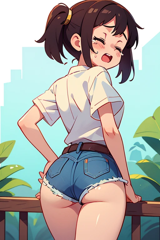 1girl, crying, close eyes, white shirt, belt, denim shorts, shorts rolled up, sexy, from behind, ass