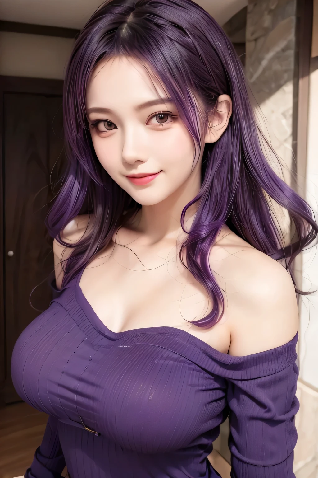 Purple hair, Masterpiece, best quality, CG, wallpaper, HDR, high quality, high-definition, extremely detailed, looking at viewer, smile, cute girl, ultra realistic, ultra detail, 70 mm lens