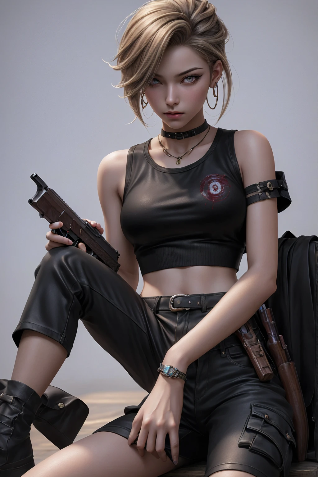 Best quality,masterpiece,ultra high res,(photorealistic:1.4)1girl,white background,solo,blood,arm guards,simple background,male focus,looking at viewer,black eyes,tabi,floating hairfull body,, (gun:1.3), holding gun, dirty blonde,,upper body,cargo shorts,sitting,