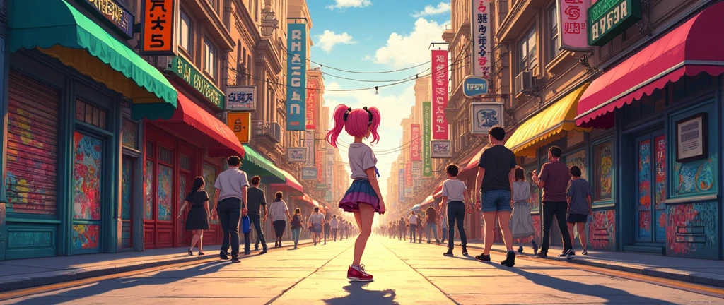 background image of a city street, buildings at both sides, anime style background