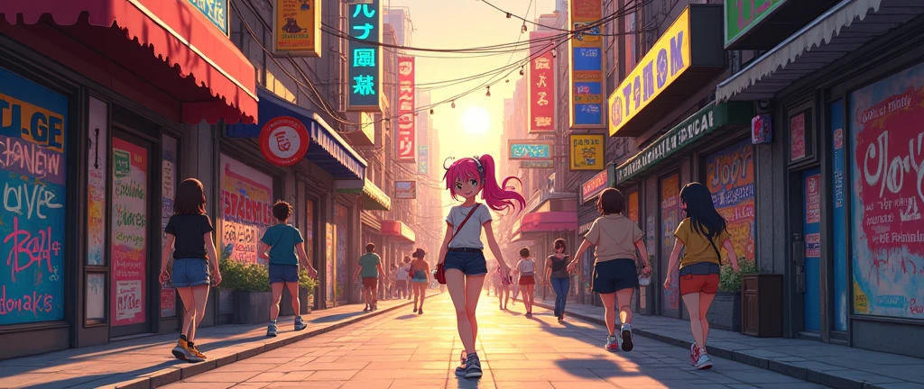 background image of a city street, buildings at both sides, anime style background