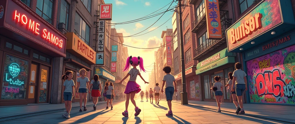 background image of a city street, buildings at both sides, anime style background