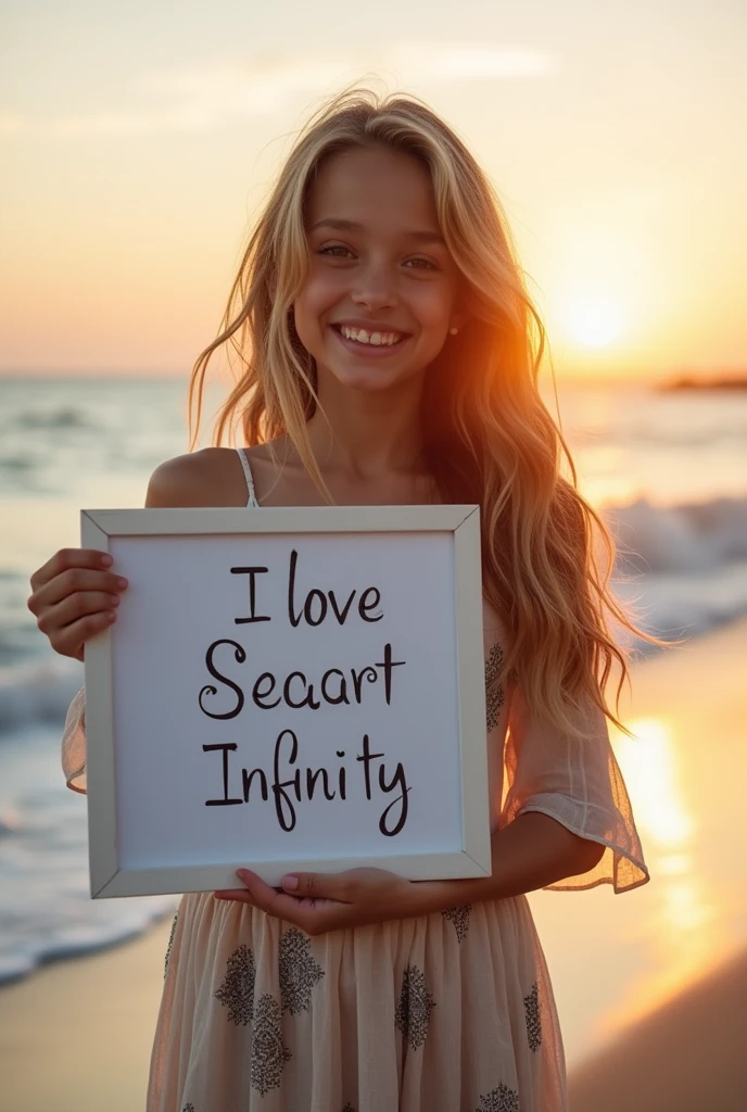 Beautiful girl with wavy long hair, bohemian dress, holding a white board with text "I Love Seaart Infinity" and showing it to the viewer