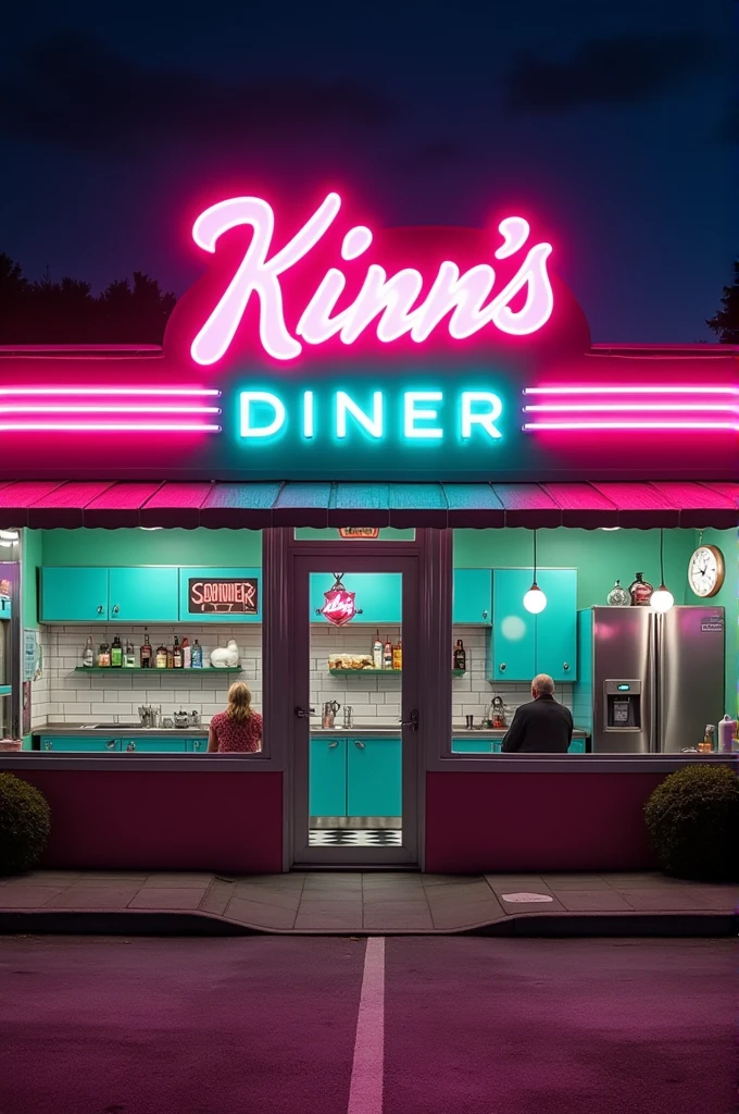 Facade of a white restaurant, at night in a 50&#39;s and 60&#39;s themed diner, the entrance is centered, Inside you can see aqua and pink cabinets and black and white flooring., There are no people or cables and there is nothing outside, You can see the neon letter logo that says "Kinn&#39;s Diner" in pink with two aqua colored lines below, to be seen from the front 