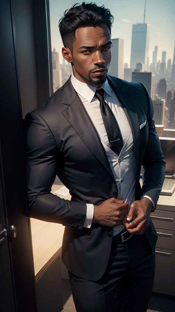 black, Business man, No shirt ,sexy,six pack,, office in new york skyscraper, realistic, cinematic, 4k