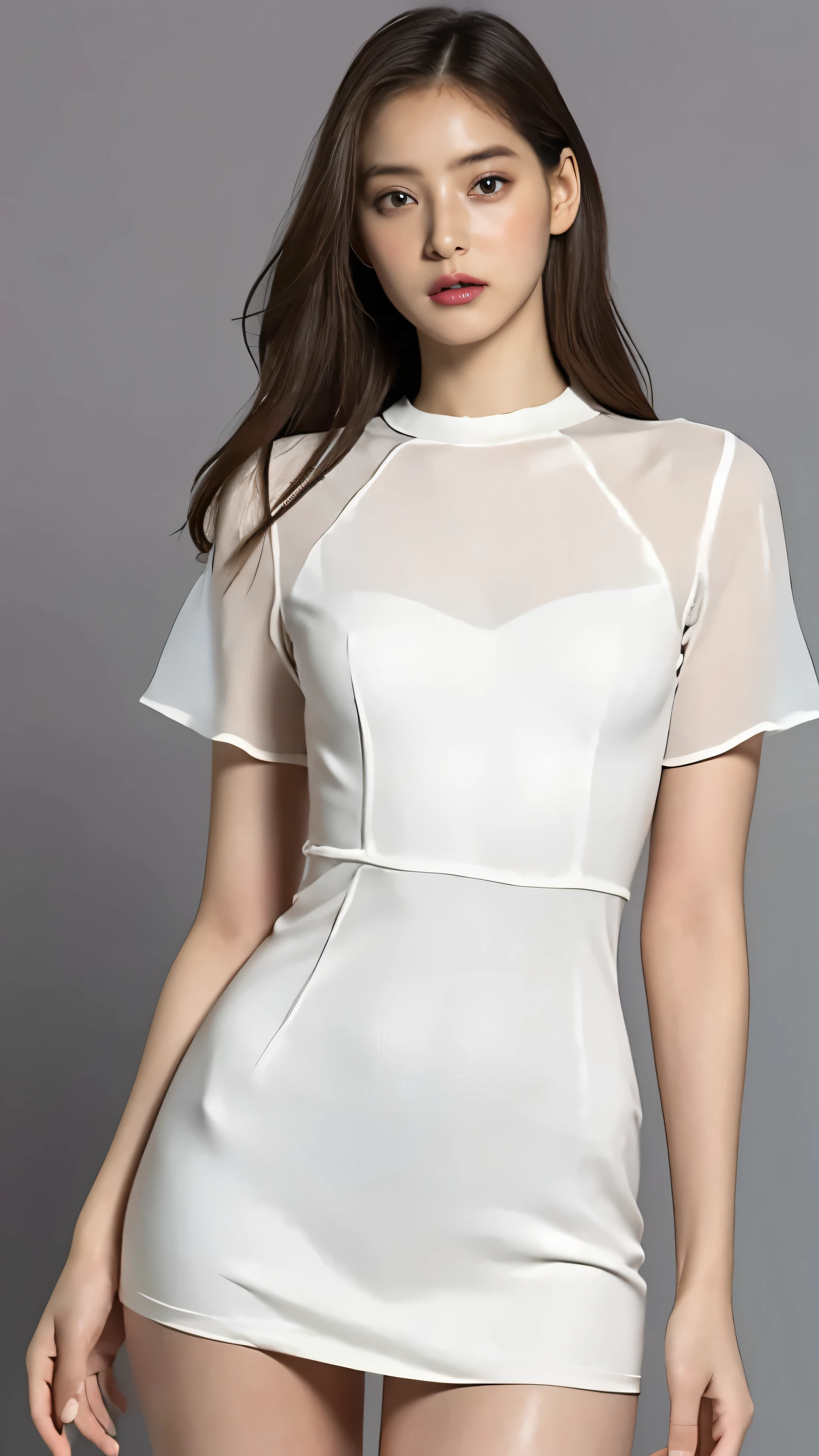 Highest quality,masterpiece,Ultra-high resolution,(Actual:1.4),Original photo,Ultra-high resolution,8K,There are also women,Fair skin、Transparent short-sleeved one-piece white dress
Long legs:1.5,Bright and beautiful,high waist,Flashy makeup,Gray background,