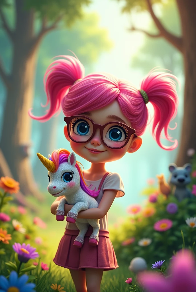 A pink-haired girl with glasses, carrying a magical unicorn, animated cartoon
