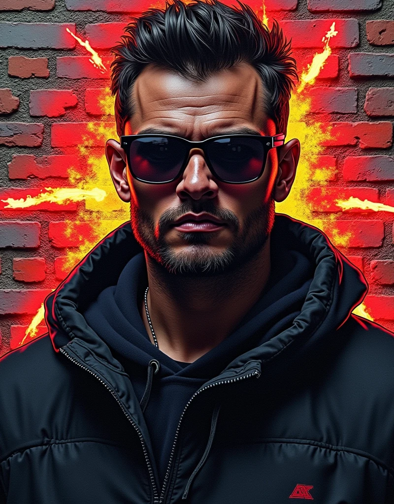 spray paint letters black man and sunglasses on brick wall and letters graffiti and lines of fire, cyberpunk style, graffiti background on the wall, best quality, masterpiece, digital art style, details, graffiti letters, gta style