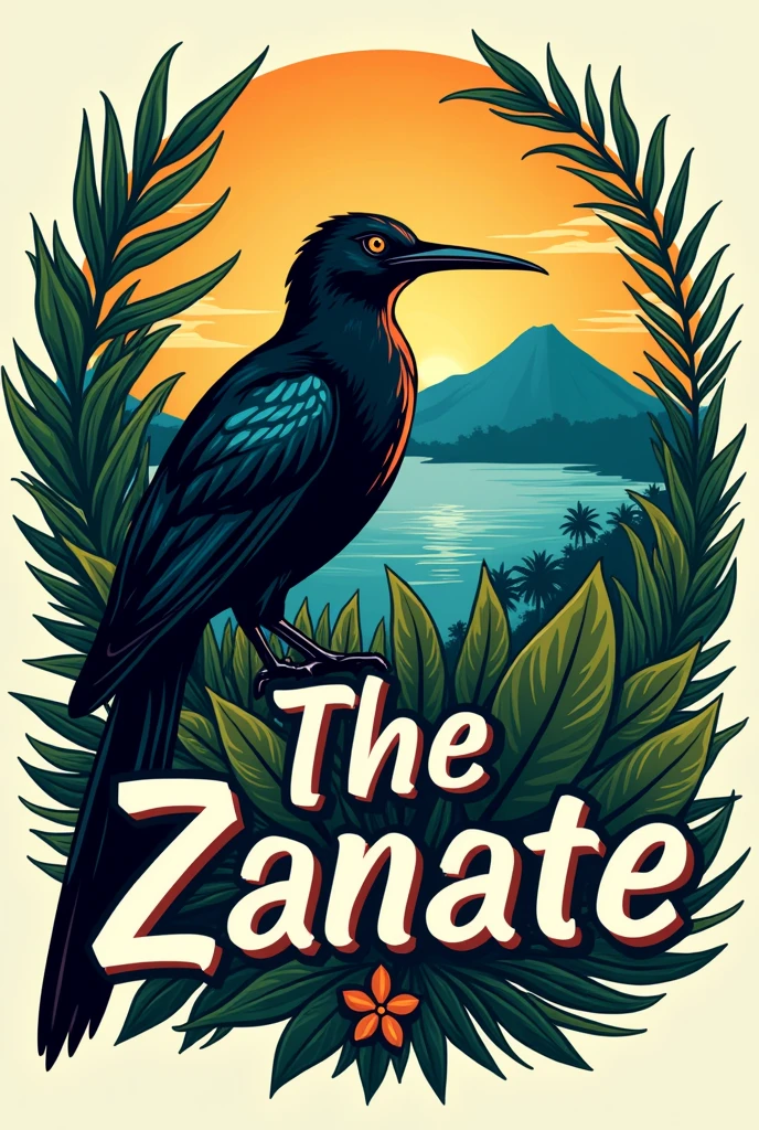 Make a logo of "dining room workshop" "the zanate " with a zanat( animal of Nicaraguan origin) with the island of ometepe ( It has 2 volcanoes and is from Nicaragua,with bright and striking colors and that says "dining room workshop the zanate"