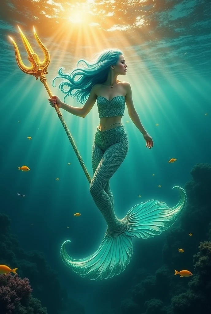 crea una mujer sirena swimming, White skin, blue hair, with dress with scale texture and luminescent green algae, underwater, swimming, carrying a luminescent luminous trident of Poseidon, incandescent with warm yellow light and with fish around it and corals digital photo minimal cool tones, with orange sunset light, over the water