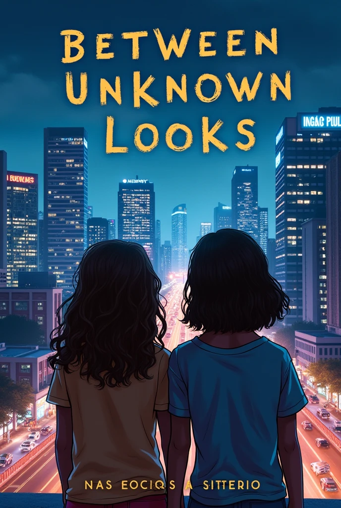 Create a book cover with the background of the book being the city of São Paulo at night with buildings and at the bottom of the book two 16 year old girls, one of them being white with very light brown curly hair and the other being brunette with light skin., medium hair of dark brown color the title of the book is "Between unknown looks" the aspects of the book cover need to be very REALISTIC