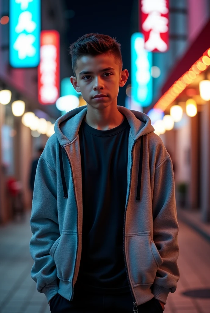 A 13 year old boy , height 1.70 m , medium brown skin , Cristiano Ronaldo&#39;s hair from 2017 , and a little mewing on the jaw , black urban style t-shirt, and gray sweatshirt , Adidas sneakers 