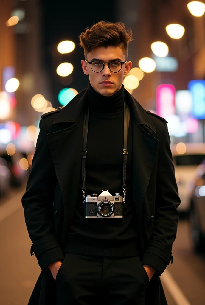 Tan skinned man, 18 year old young man, porte muscular, clothes a literary reader would wear, half moon glasses, traits that a boy from Jalisco Mexico would have, Hazel green eyes, sexy but warm smile, high, wavy semi-long hair. Youthful air, muscular, to wear a black shirt, Underneath this a black turtleneck sweatshirt, dress pants of the same color and a long black trench coat, that looks elegant, that has an unreal beauty, that has a camera hanging around his neck, let it be at night. Let the haircut be a wolf cut, May your eyes be GREEN. Hair in curls and up to the neck