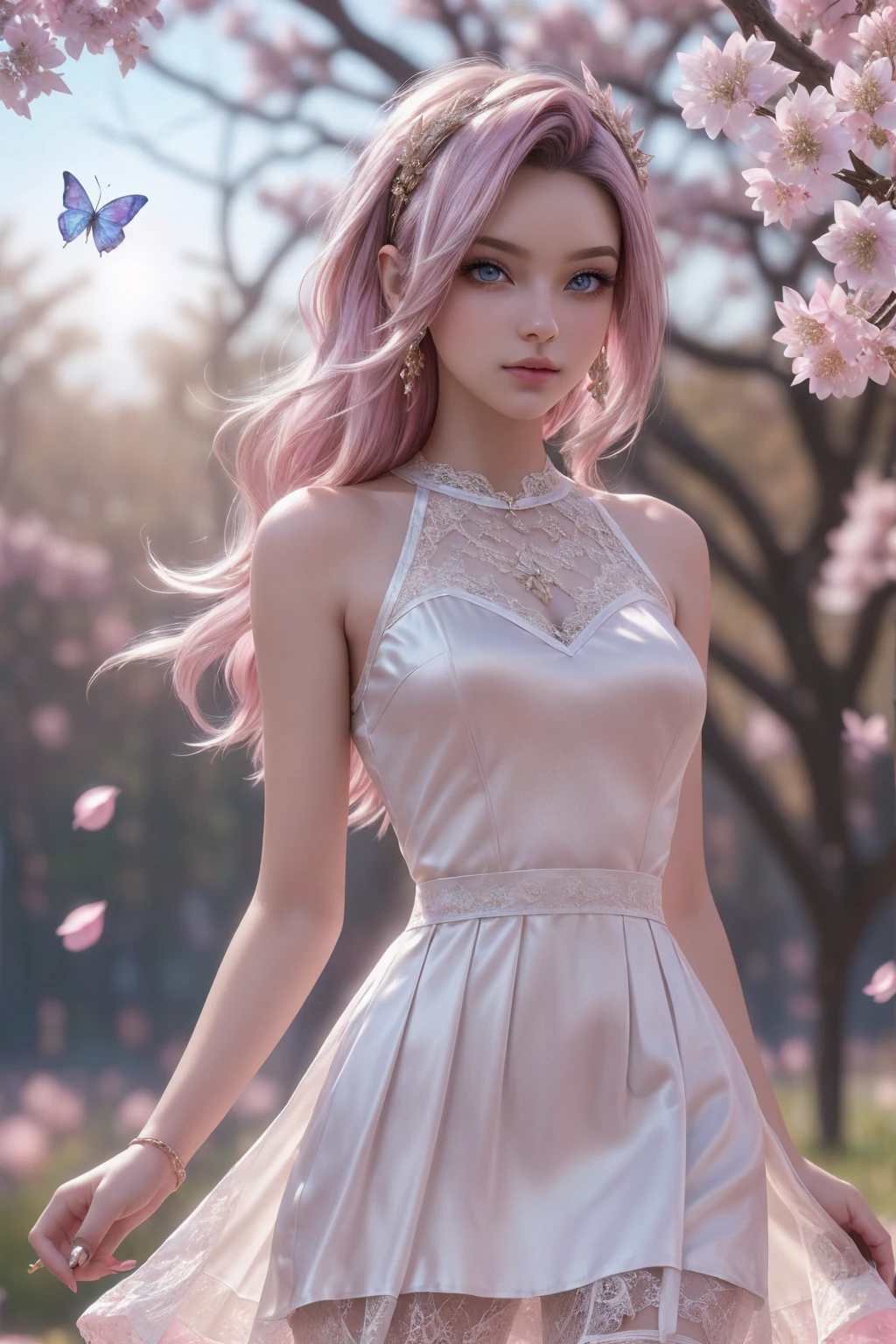 (CG unity 8k wallpaper extremely detailed) (better quality) (better lighting) (an extremely delicate and beautiful) (floating) (beautiful) (spring atmosphere) (1girl) (long pink hair), (hair headband), (detailed and beautiful blue eyes), ((very short white dress, pink lace underside), (lace), ((light transparent silk))), (cherry blossom petals), (butterflies), (dof), (volumetric light) cinematic lighting, chromatic aberration, Sony FE GM, textured skin, high details, highres, 8k