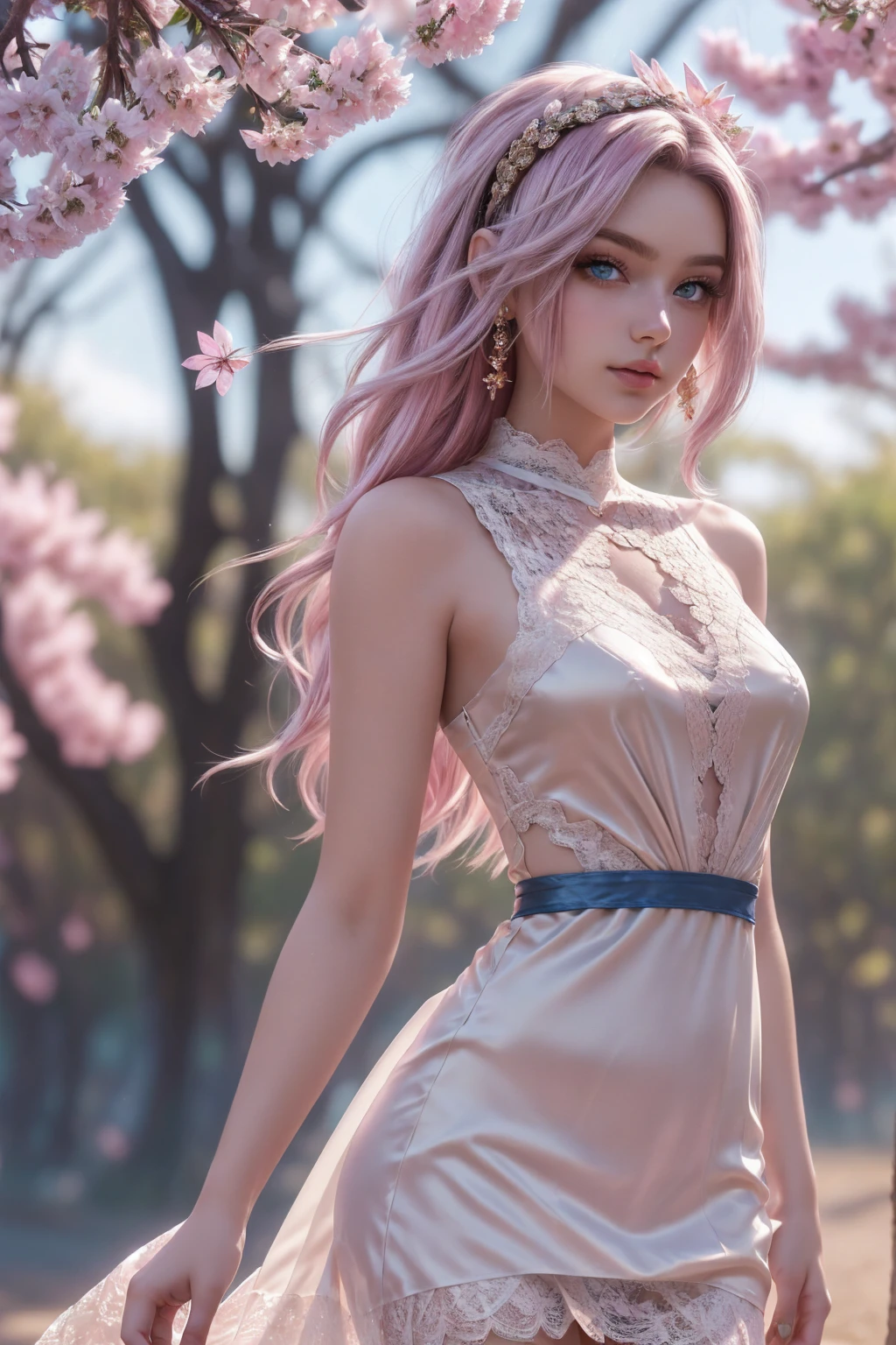 (CG unity 8k wallpaper extremely detailed) (better quality) (better lighting) (an extremely delicate and beautiful) (floating) (beautiful) (spring atmosphere) (1girl) (long pink hair), (hair headband), (detailed and beautiful blue eyes), ((very short white dress, pink lace underside), (lace), ((light transparent silk))), (cherry blossom petals), (butterflies), (dof), (volumetric light) cinematic lighting, chromatic aberration, Sony FE GM, textured skin, high details, highres, 8k