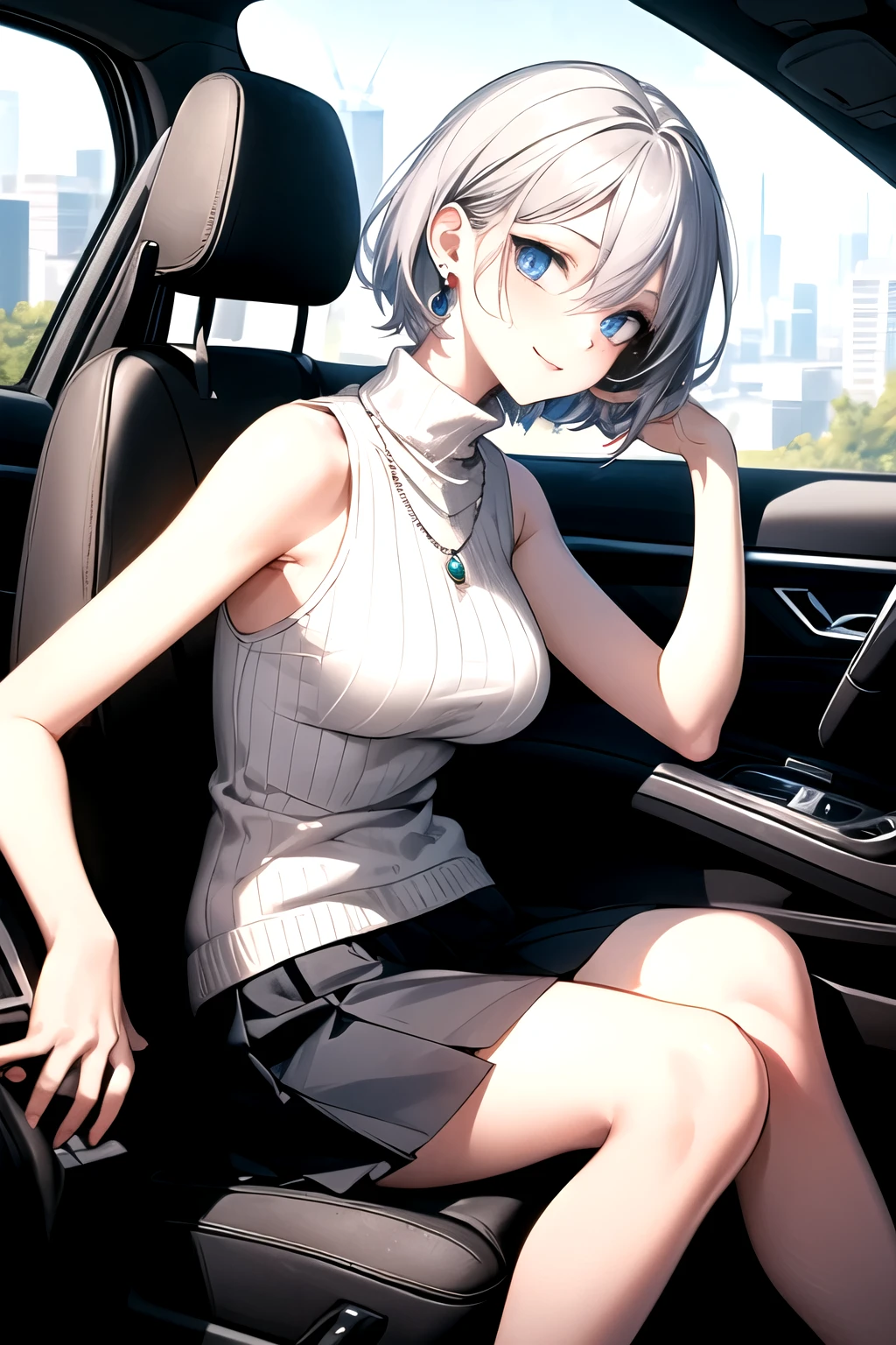 Highest quality、High resolution、8k、masterpiece、Anime Style、 Vibrant colors、World-class professional animators、 
（Beautiful Face、Beautiful Eyes、Beautiful Nose、Beautiful Lips)、 
Sharp Focus、Bright colors、Cinematic lighting、
A scene from a movie、Sparkling Eyes、Better Hands、

A girl sitting in the passenger seat of a car、Sit deep in the passenger seat、
((Slender body))、
Blue Eyes、(Gray Hair)、Short Layered Hair、Hair between the eyes、
Natural Makeup、Looking straight out the side of the vehicle、
White turtleneck sweater、
White sleeveless sweater、
Black pleated skirt、
Anxious expression、Place your hands on your knees、
Necklace with blue gems、Earrings with blue gems、
a perfect accessory、One necklace、

The girl is looking at the viewer in the driver's seat.、
The cityscape visible from inside the car、smile、
((Fasten your seat belt at an angle))、
View from the side、Big Breasts、Feet out of frame, 
drive、Align your feet