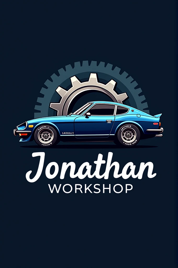 Create a logo that says Jonathan Workshop and that shows a Nissan 240 z 